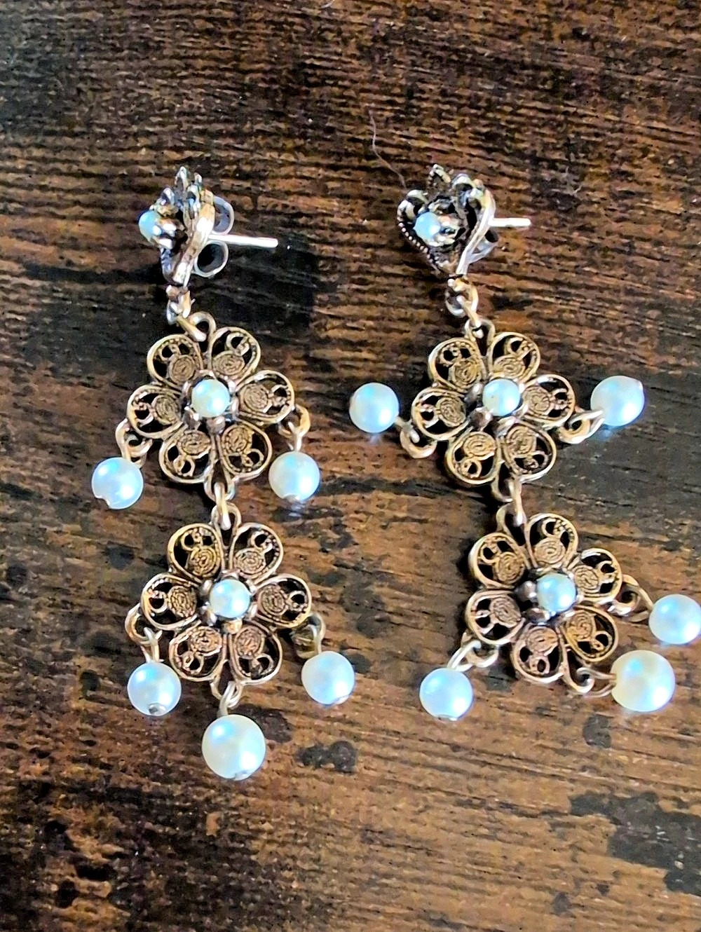 Floral Filigree Pearl Drop Earrings